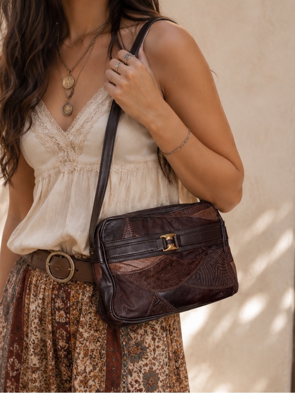 La Covina Patchwork Dark Brown Leather Crossbody Fall Purse - Picture 2 of 9